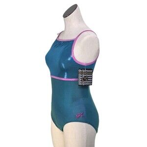 GK Elite VTG Blue Green Metallic Pixel Logo Dance Cami Leotard Size AL Adult L